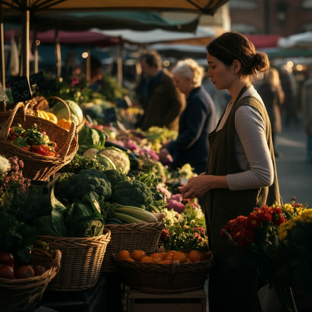 A wide shot of a vibrant farmer's market. People are browsing fresh produce and flowers. Golden hour lighting gives a warm, inviting feel. Textures of baskets, fruits, and vegetables are emphasized.