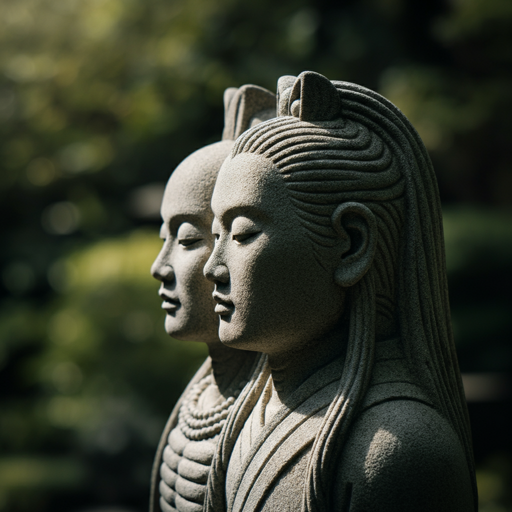 A stone statue of Izanagi and Izanami, side-lit with soft shadows accentuating the carved details and serene expressions. The background is a blurred, lush green garden in soft bokeh.