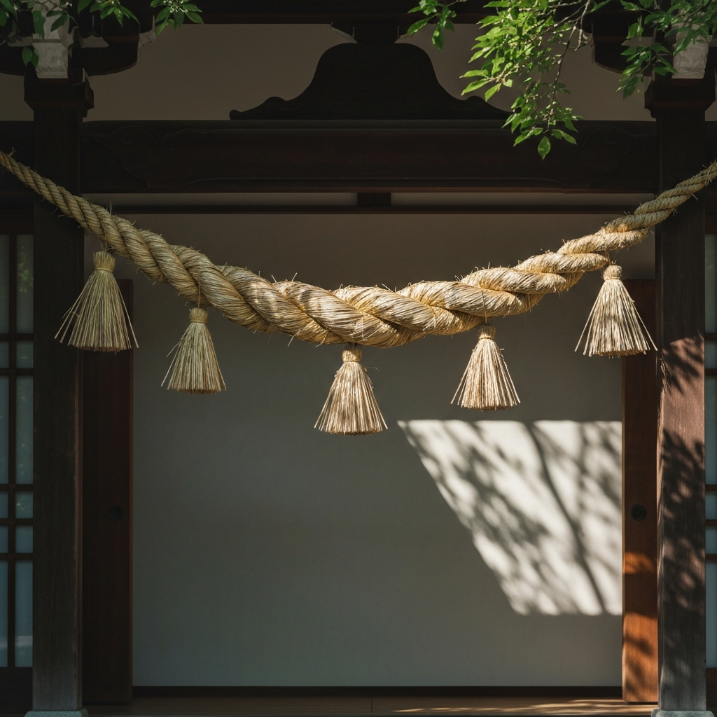 A shimenawa rope, thick and straw-colored, hangs across the entrance to a Shinto shrine. Sunlight filters through the leaves above, creating dappled lighting on the rope's rough texture.