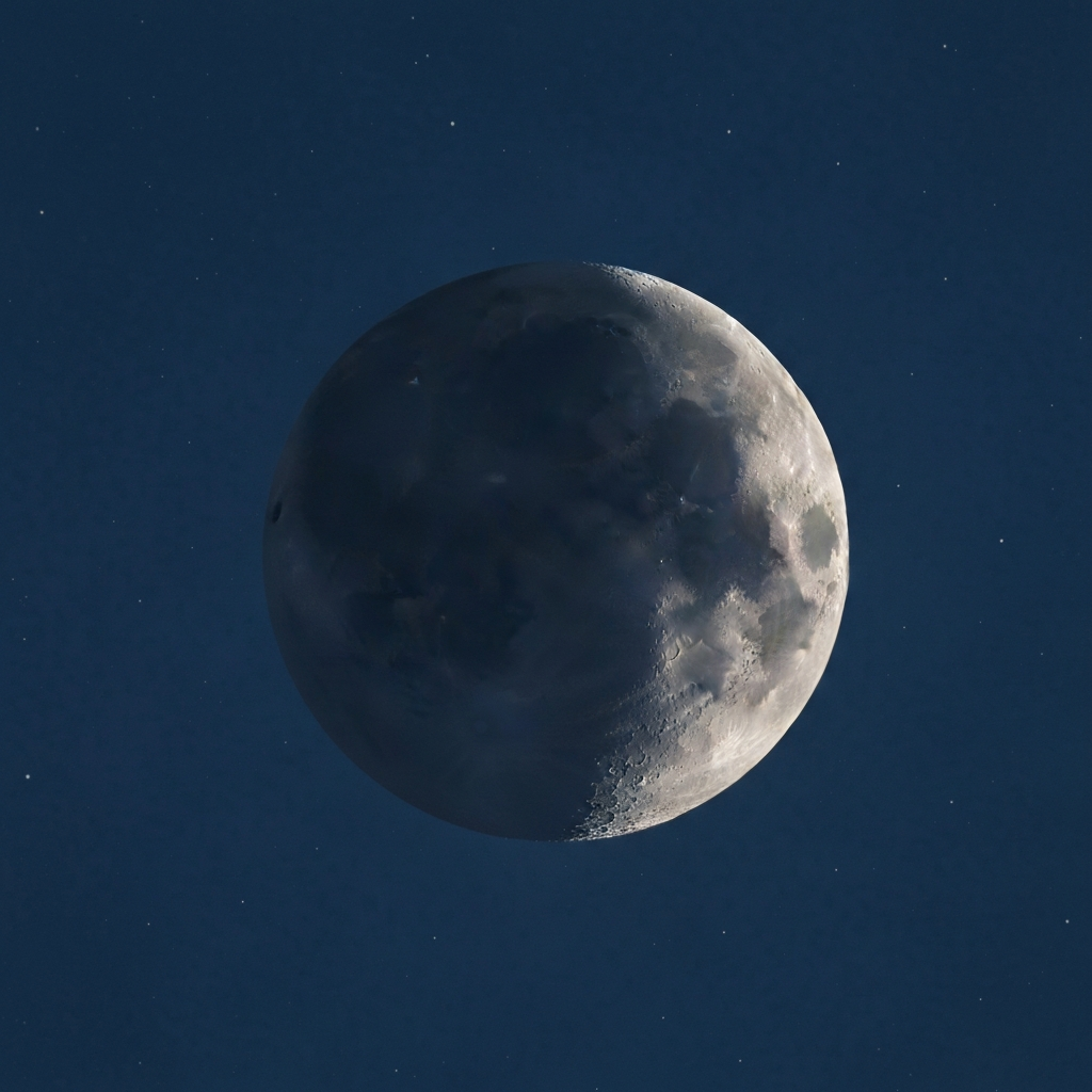 A crescent moon hangs in a clear, dark blue sky. Soft light illuminates the moon's craters. The background is a slightly blurred star field.