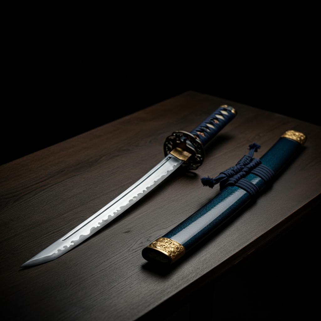 An ancient katana sword rests on a dark wooden table. The blade catches the light, revealing its sharp edge and intricate design. The scabbard is wrapped in dark blue fabric with gold accents.
