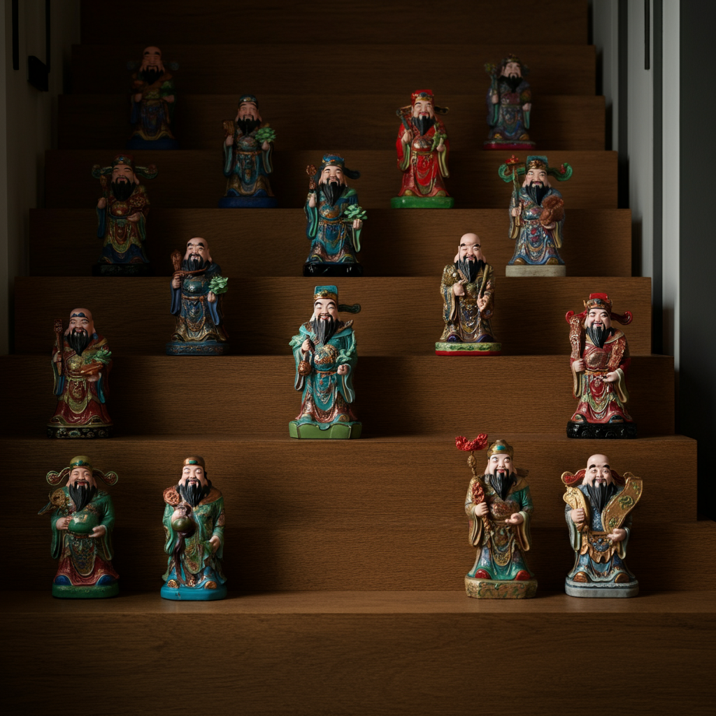A collection of small, brightly painted statues representing the Seven Gods of Fortune arranged on a tiered wooden shelf. Each figure has a distinct pose and expression, with vibrant colors and detailed textures.