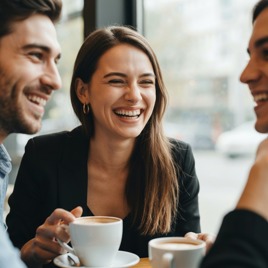 Close-up of two friends laughing together over coffee in a sun-drenched cafe, soft bokeh in the background highlighting their genuine smiles.