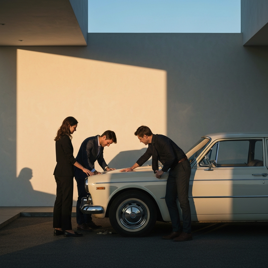 A friend helping another with a flat tire on a vintage car, golden hour lighting casting long shadows across the scene, emphasizing the act of kindness.