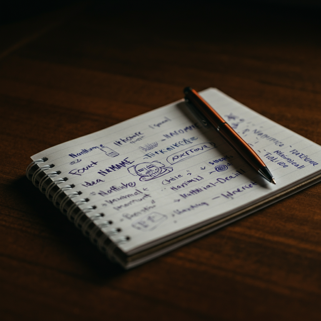 A notepad with various nickname ideas scribbled on it, a pen resting on top, side-lit to show texture and the process of brainstorming.