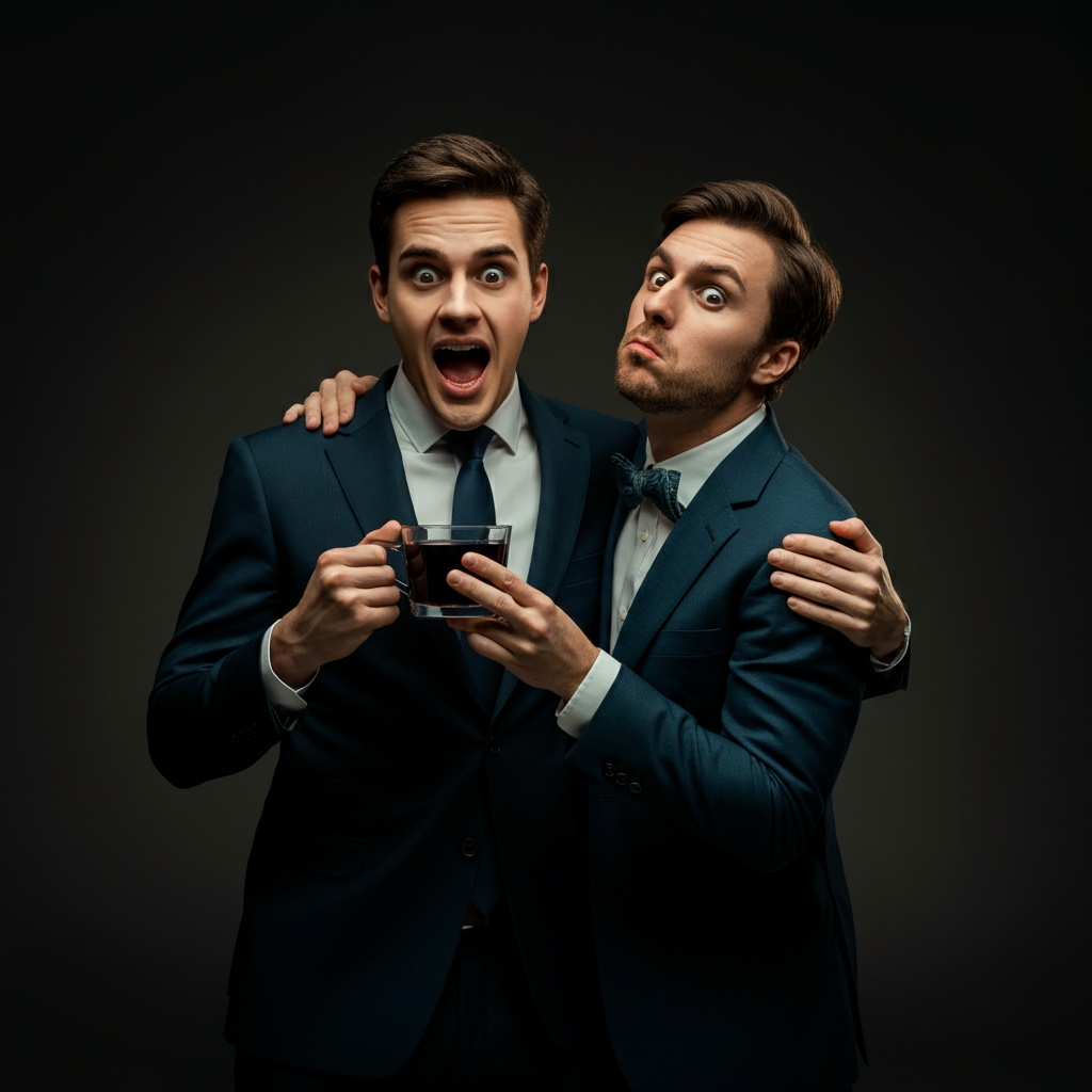 Two friends recreating a funny pose from an old photo album, slightly blurry with a warm tone, conveying a sense of nostalgia and shared history.