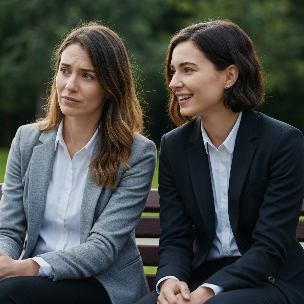 Two friends sitting on a park bench, one looking slightly unsure while the other smiles encouragingly, soft focus on the concerned friend.