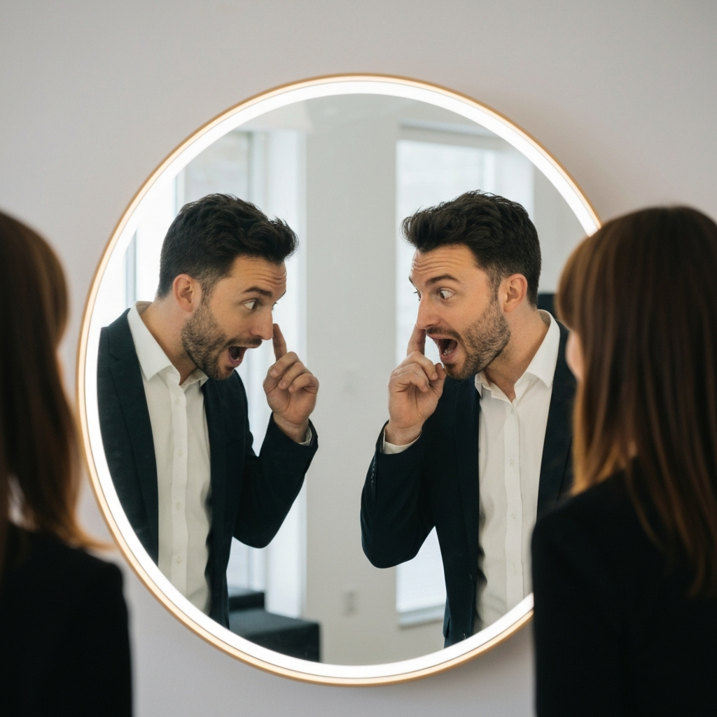 Two friends pulling silly faces at each other in front of a funhouse mirror, bright and playful lighting highlighting their goofy expressions.