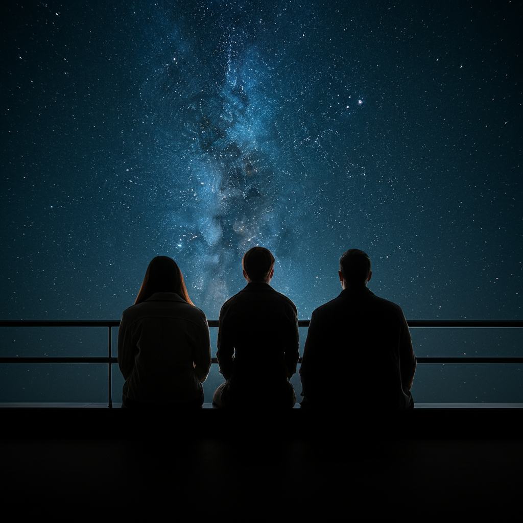 Two friends stargazing at night, silhouettes against a backdrop of a clear night sky, creating a sense of wonder and mystery.