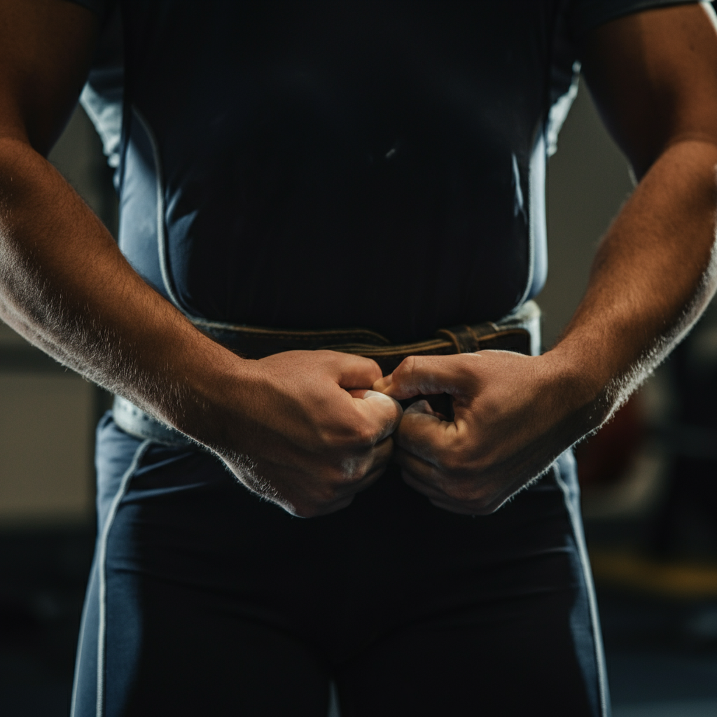 Close-up of a spotter's hands positioned under the lifter's armpits. The hands are in a closed fist position, showing a supportive but non-intrusive stance. Soft lighting emphasizes the hand and arm muscles.