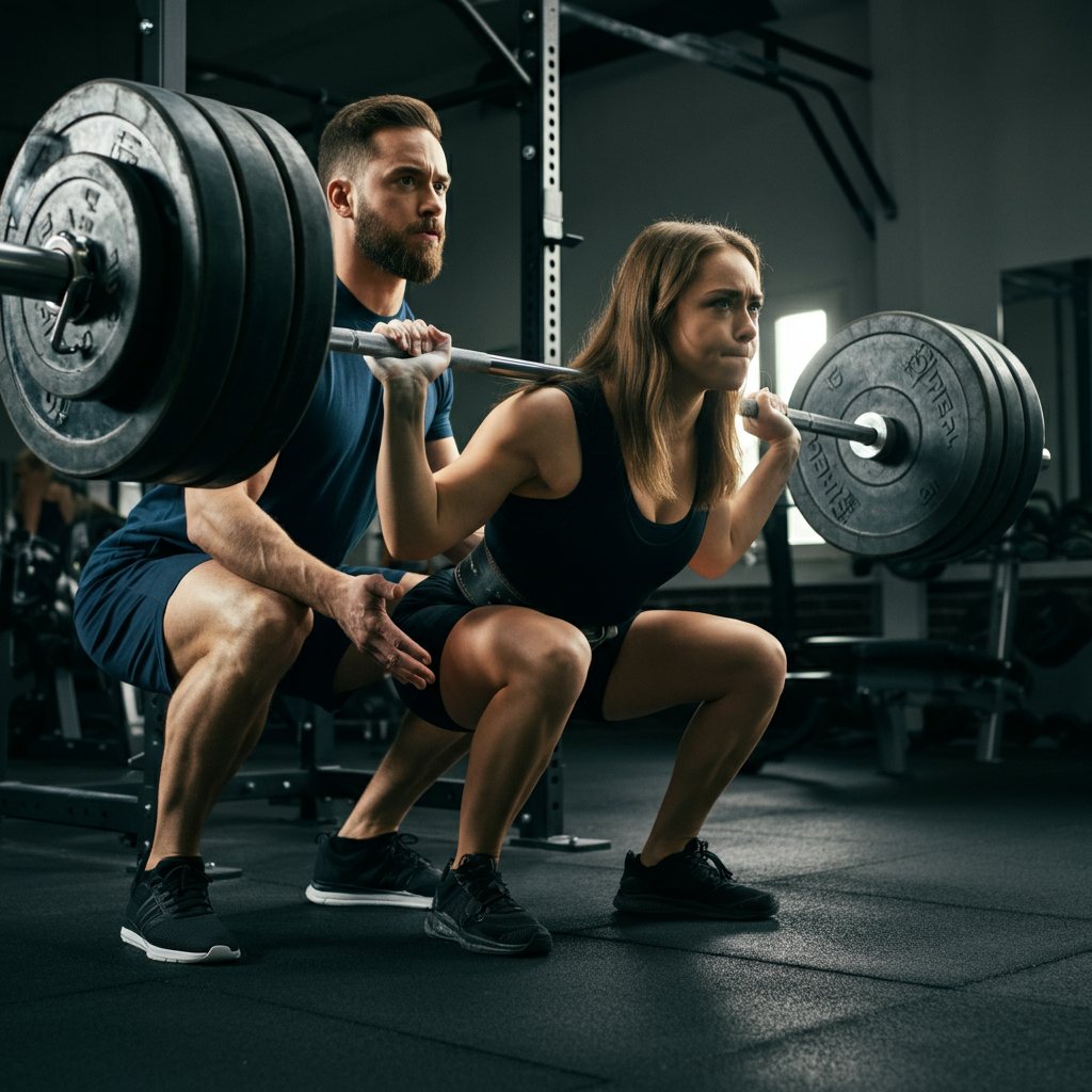 Two people, a weightlifter and a spotter, are squatting in sync. Their bodies are aligned, and the spotter is maintaining the same depth as the lifter. The gym equipment is visible in the background.