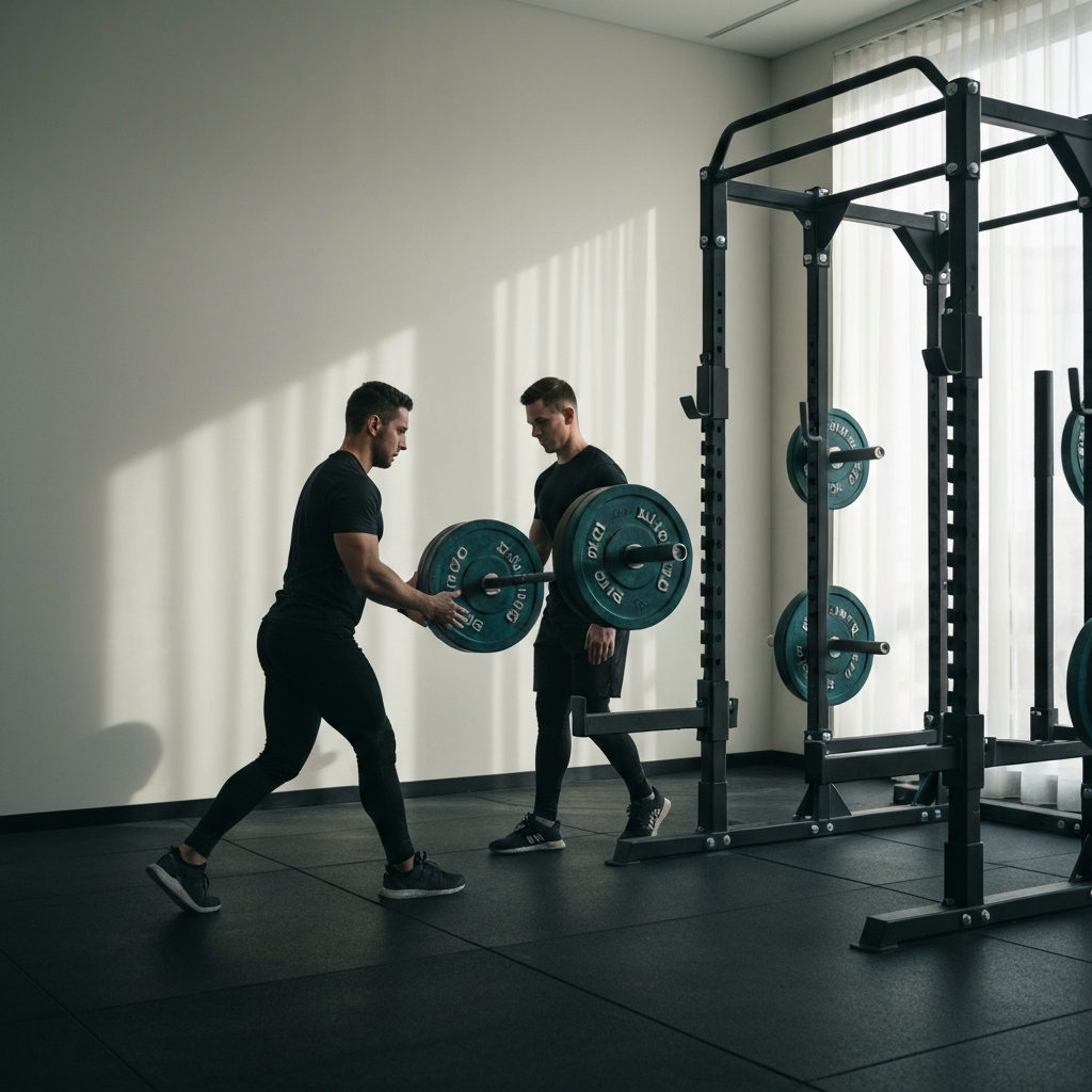 The weightlifter and spotter are walking towards the squat rack together. The spotter is still providing support, and the lifter is focused on re-racking the weight safely. Natural light streams in from a nearby window.