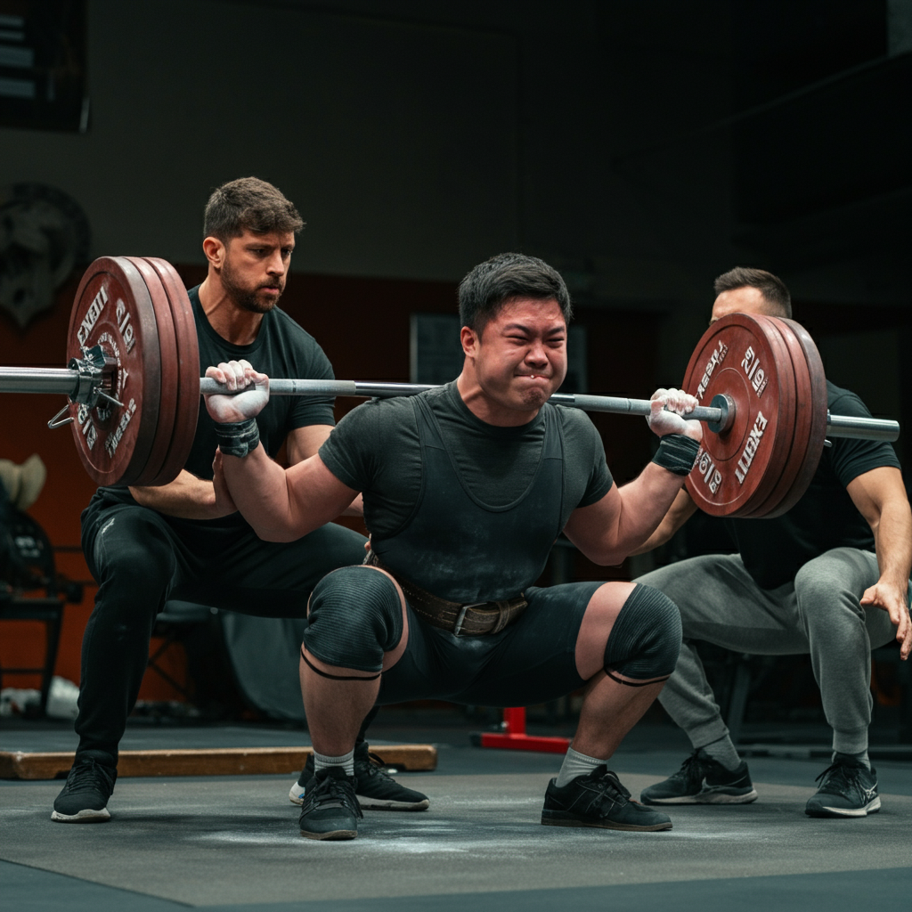 Three spotters surrounding a weightlifter performing a squat. Two spotters are positioned on either side of the barbell, and a third spotter is behind the lifter, ready to assist. The scene is shot from a low angle, emphasizing the power and intensity of the lift.