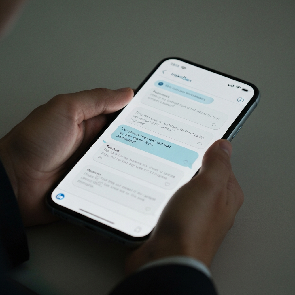 A close-up shot of a smartphone displaying a LinkedIn message exchange. Soft, natural light illuminates the screen, emphasizing the text. The background is slightly blurred to keep the focus on the conversation.