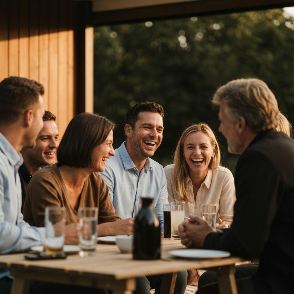 A group of people laughing and talking at an outdoor picnic. Warm, golden-hour lighting casts a friendly glow on their faces. The scene has a shallow depth of field, highlighting the immediate group while blurring the background foliage.