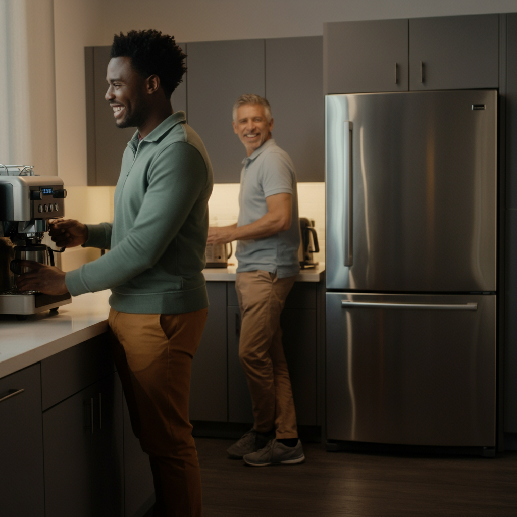 A brightly lit office break room. Two colleagues are smiling and chatting while making coffee. The stainless steel appliances and clean countertops create a modern, professional atmosphere. The camera angle is slightly low, giving a sense of openness.