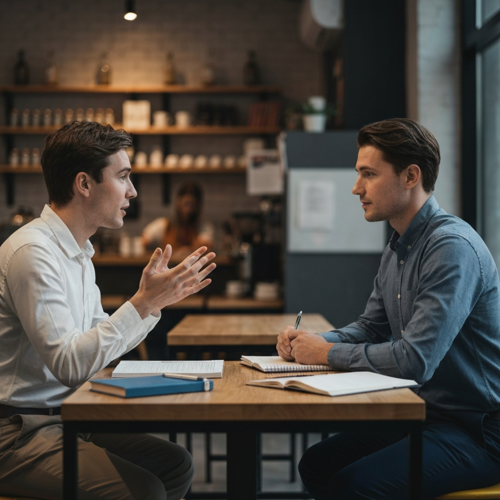 Two people sitting at a table in a coffee shop, facing each other. One is speaking animatedly, while the other is listening attentively. The coffee shop is softly lit, and the atmosphere is relaxed and inviting. There are books and notebooks on the table, suggesting a learning environment.