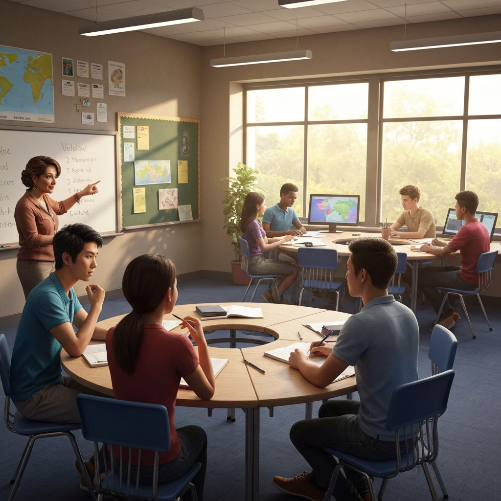 A classroom setting with students sitting around a table, engaged in a language lesson. The teacher is pointing at a whiteboard with vocabulary words written on it. The room is well-lit and has a positive, learning-focused atmosphere.