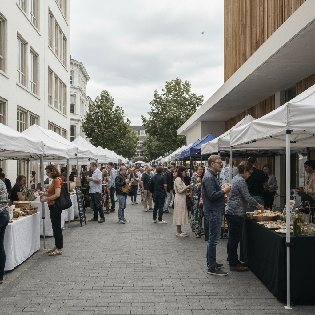 A vibrant outdoor street fair with people of all ages browsing stalls, eating food, and enjoying live music. The scene is bustling with activity and energy, and the lighting is bright and cheerful.