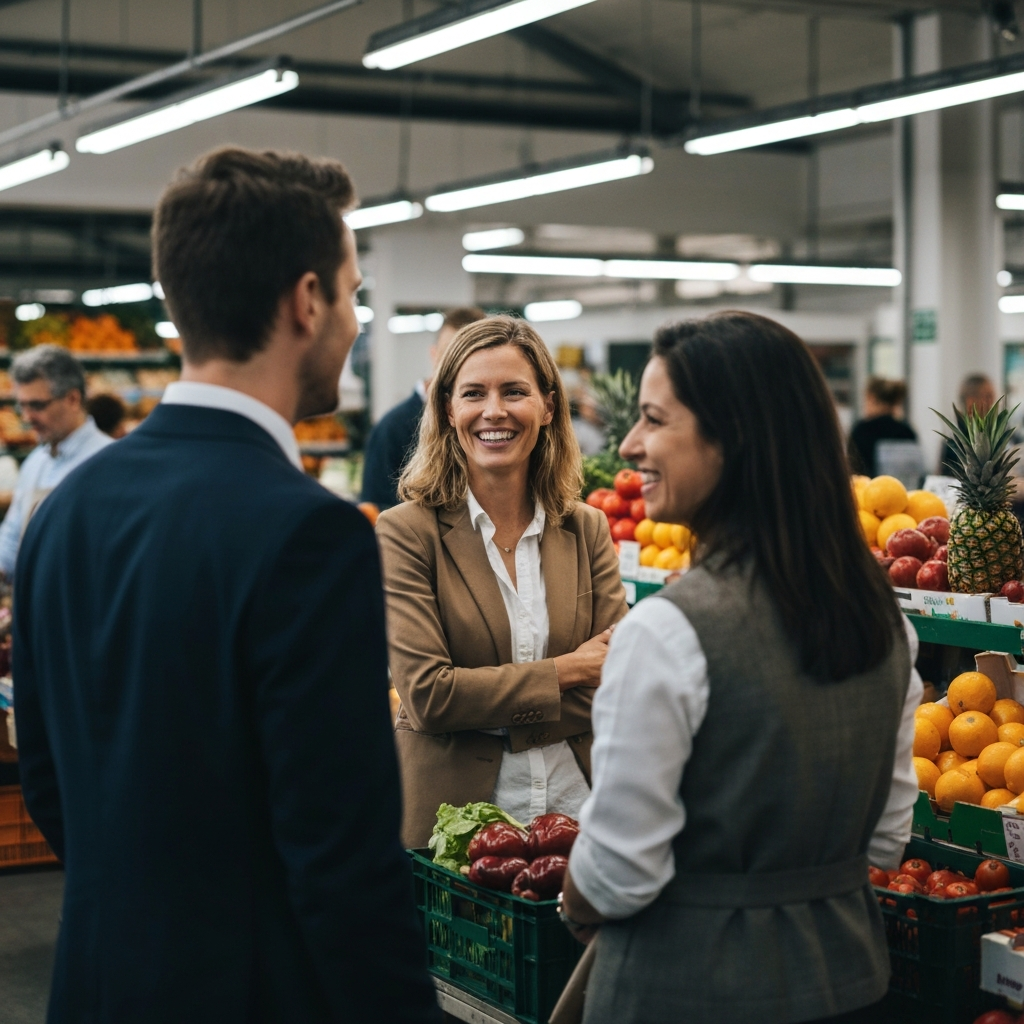 A person standing in line at a local market, smiling and chatting with the person in front of them. The market is bustling with activity, and there are colorful fruits and vegetables on display. The lighting is bright and natural.