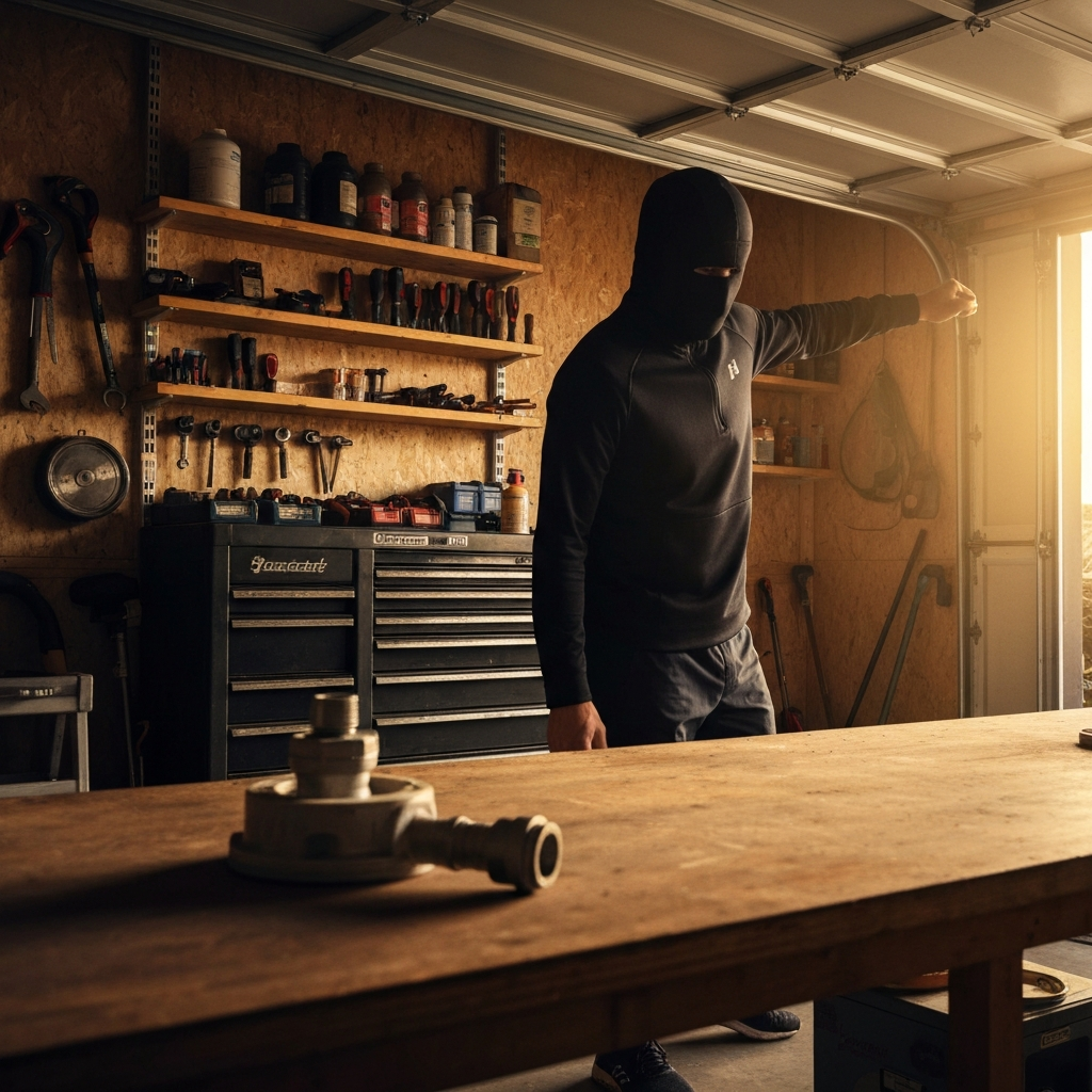 A shot inside a slightly cluttered garage, showing various tools neatly arranged on shelves, with a work bench in the foreground featuring a partially disassembled plumbing fixture.