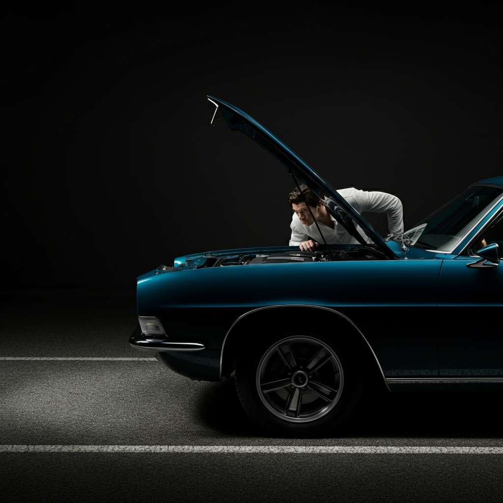A car parked on the side of a road, with the hood open and a person (fully clothed) peering inside, captured with natural daylight and slightly diffused shadows.