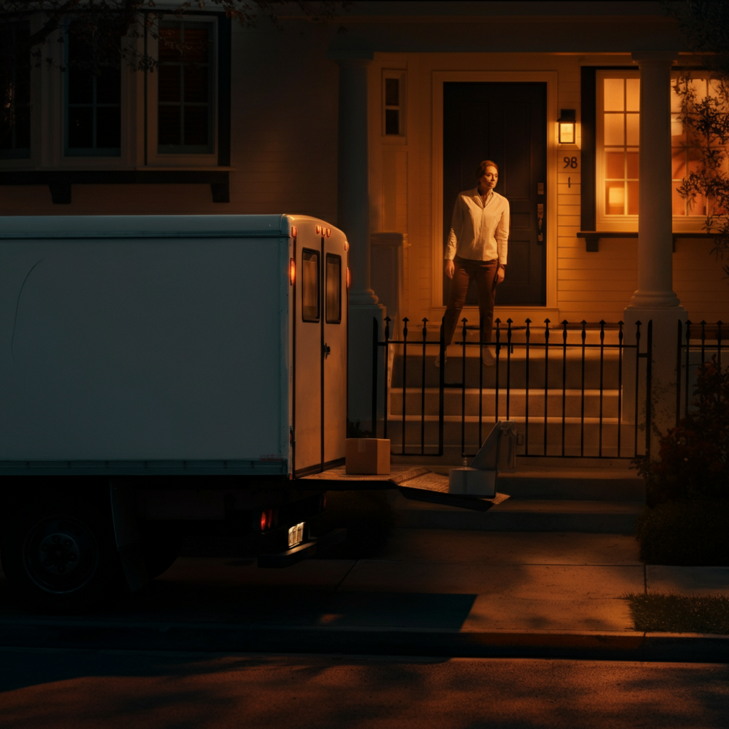 A delivery truck parked in front of a house with a package visible on the doorstep, captured with warm afternoon lighting and a shallow depth of field.