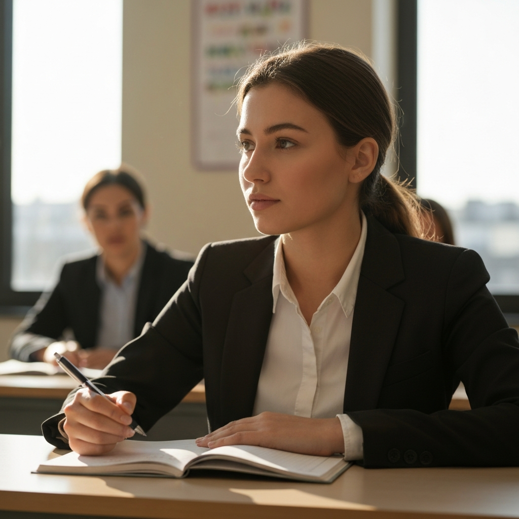 A young woman in a classroom, attentively listening to a teacher. Sunlight streams through the window, casting a warm glow. She has an open notebook in front of her and a pen in hand. The background is slightly blurred, emphasizing her focus.