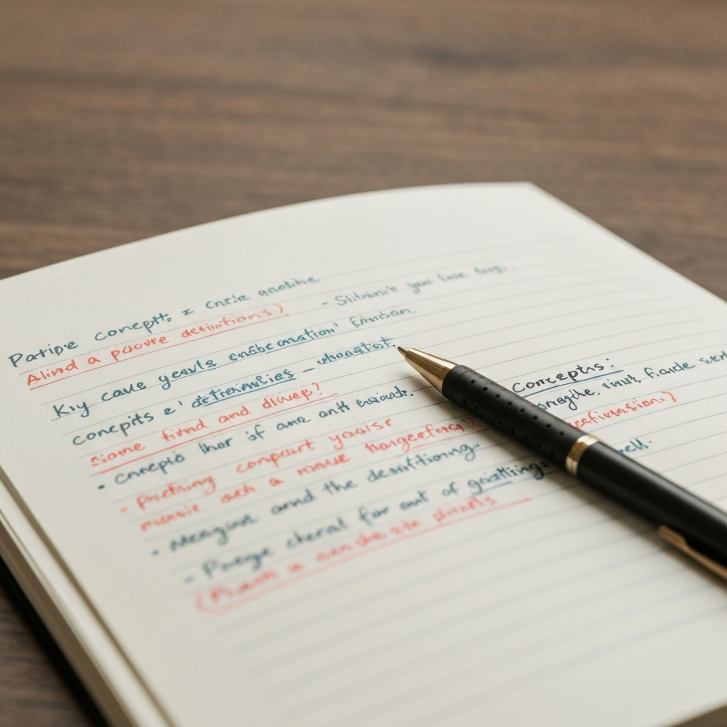Close-up shot of a notebook with colorful handwritten notes, highlighting key concepts and definitions. A pen rests on the page, and the lighting is soft and even. The paper has a slight texture.