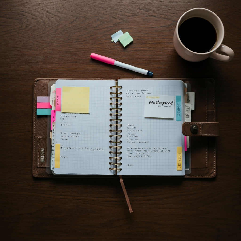 A planner open on a desk, filled with handwritten notes, colorful sticky notes, and reminders. A cup of coffee sits nearby, and a soft, diffused light illuminates the scene.