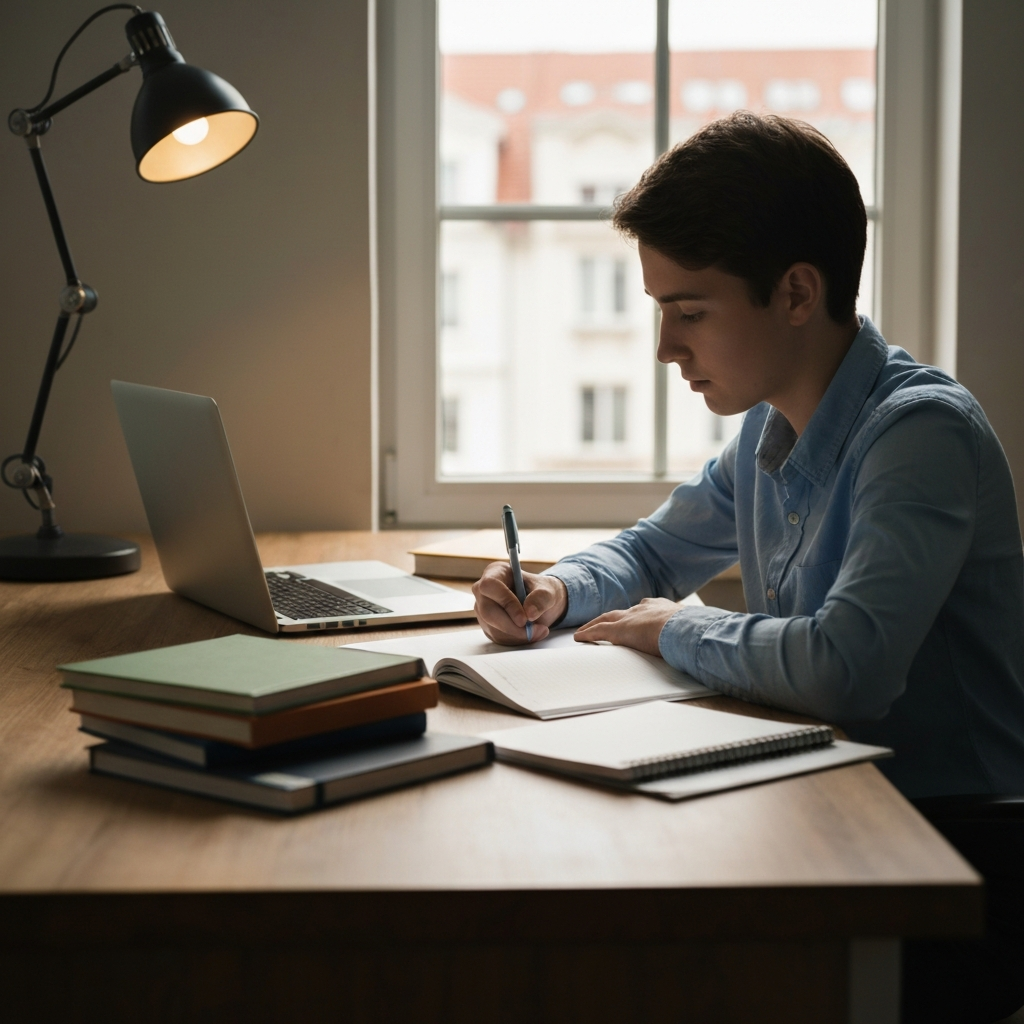 A well-organized desk with textbooks, notebooks, and a laptop. A student is working on a homework assignment, with a focused expression. Natural light streams in from a nearby window, creating a warm and inviting atmosphere.