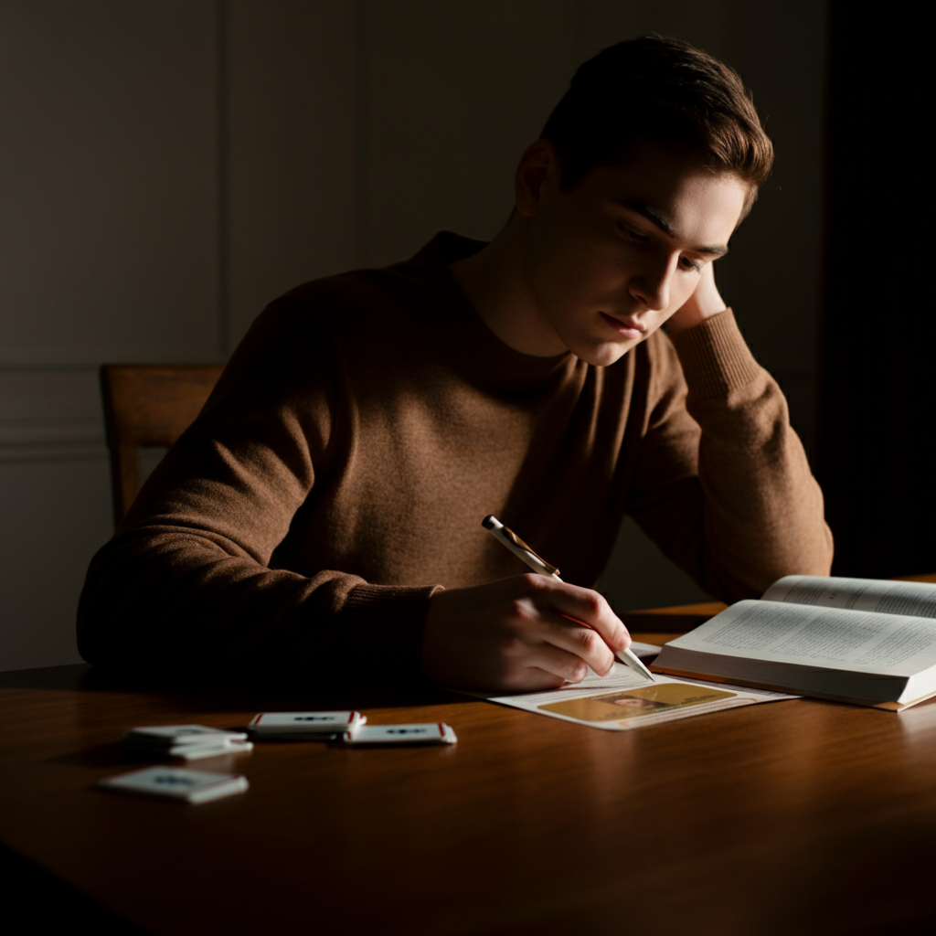 A student studying at a table with flashcards and a textbook. The lighting is warm and inviting, and the student appears focused and relaxed. Soft bokeh in the background.