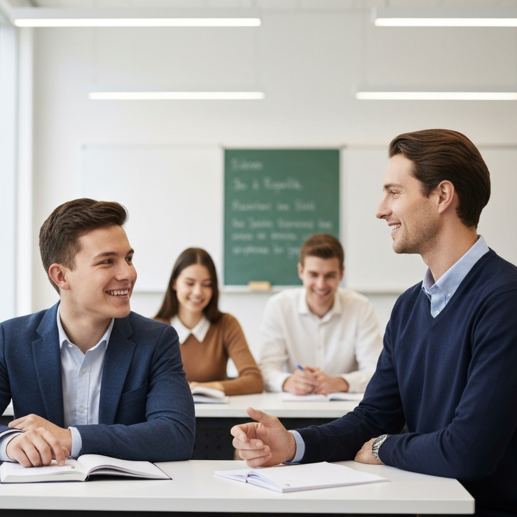 A student talking to a teacher after class. They are both smiling and engaged in a conversation. The classroom is softly lit, and there are other students in the background.