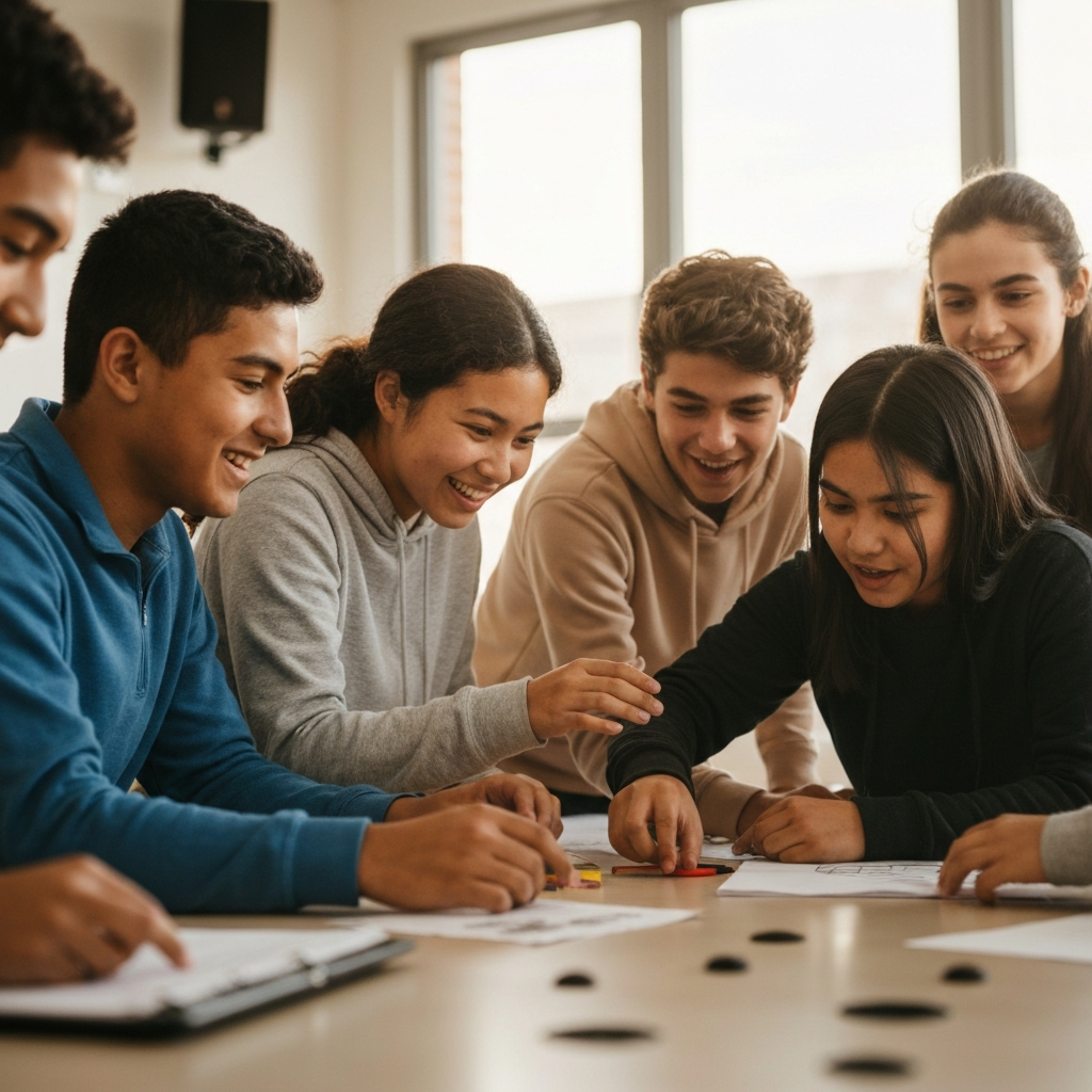 A group of students participating in an after-school club activity, such as robotics or debate. They are working together collaboratively, with a sense of enthusiasm and camaraderie. The lighting is bright and cheerful.