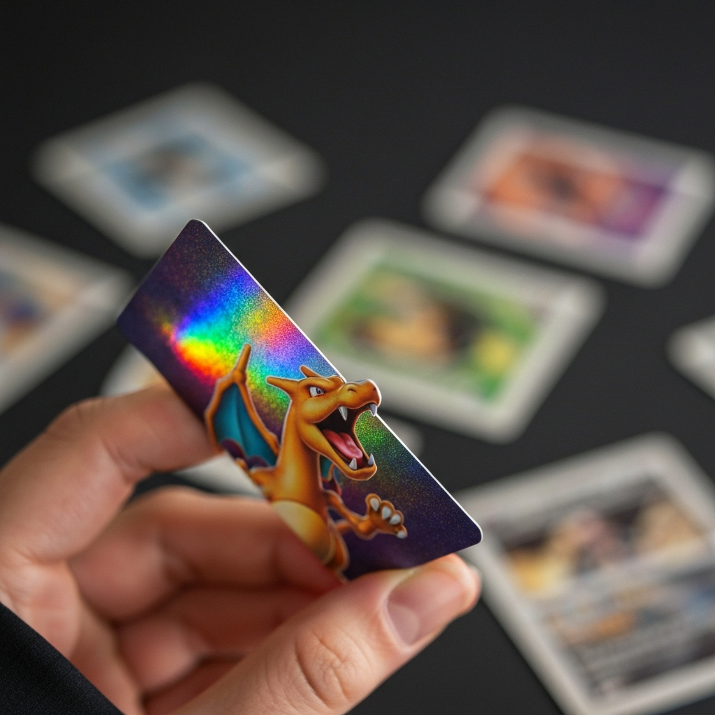 A close-up shot of a Rainbow Rare Charizard card, side-lit to highlight the texture and holographic rainbow sheen. Soft bokeh in the background with other Pokemon cards.