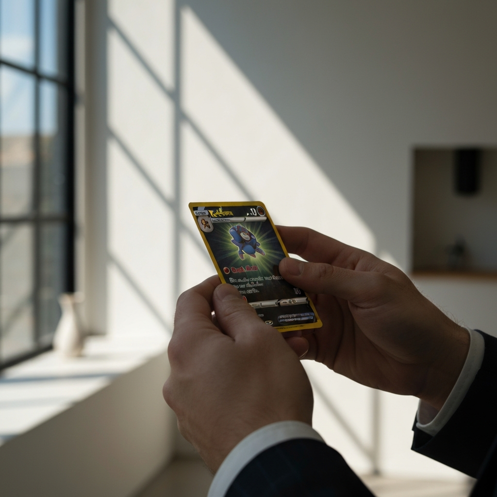 A person's hands holding a Pokemon card under bright, natural light. Focus on the bottom corner of the card, highlighting the rarity symbol and set number.