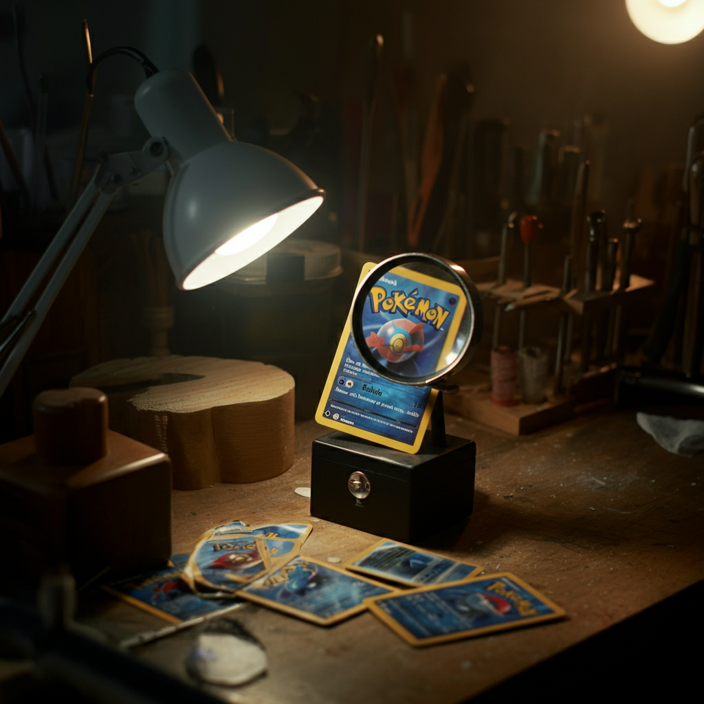 A well-lit workbench with a magnifying glass focused on a Pokemon card. Soft lighting emphasizes the card's surface texture and potential imperfections.