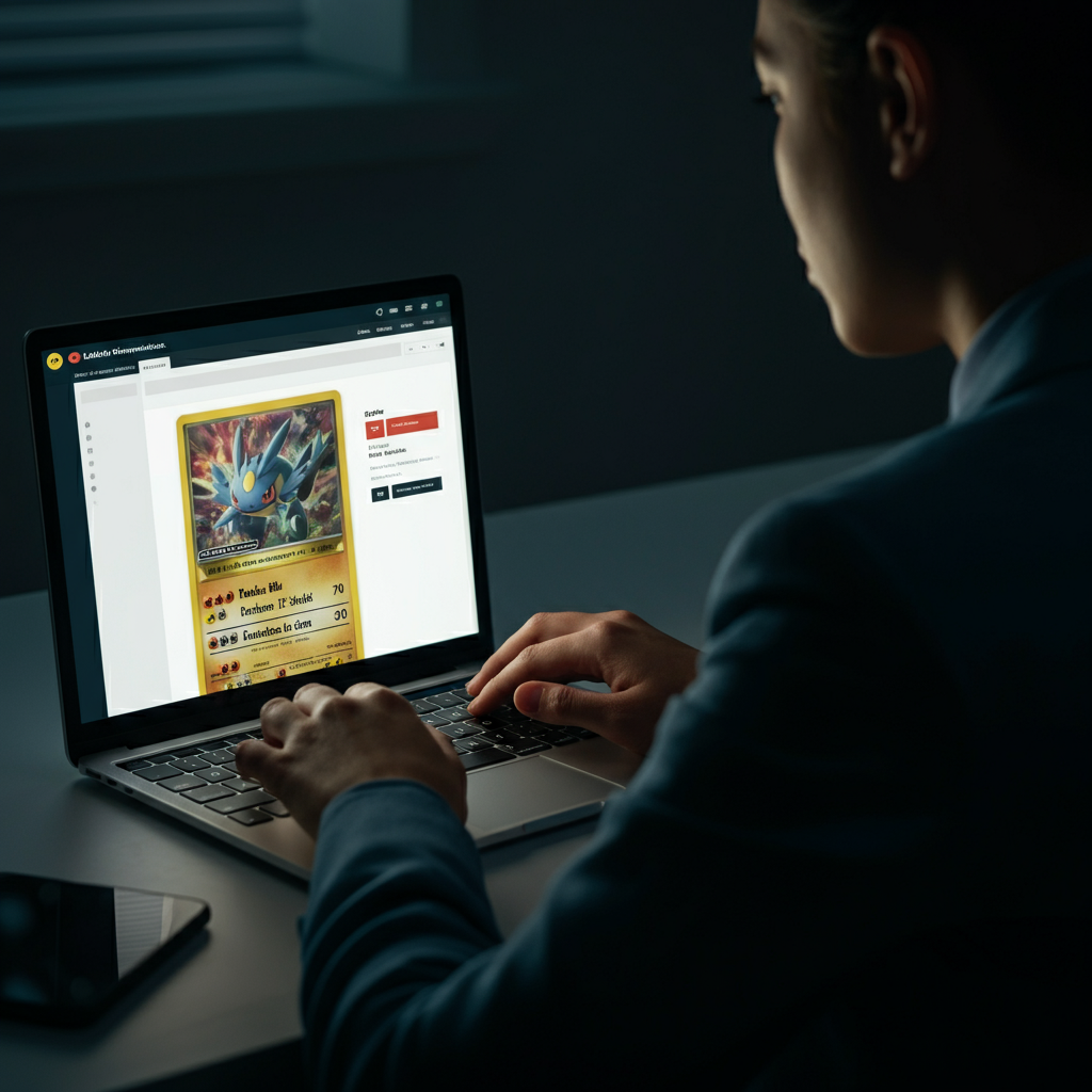 A person sitting at a desk, using a laptop to browse a website showing Pokemon card prices. The screen is softly illuminated, casting a gentle glow on their face.
