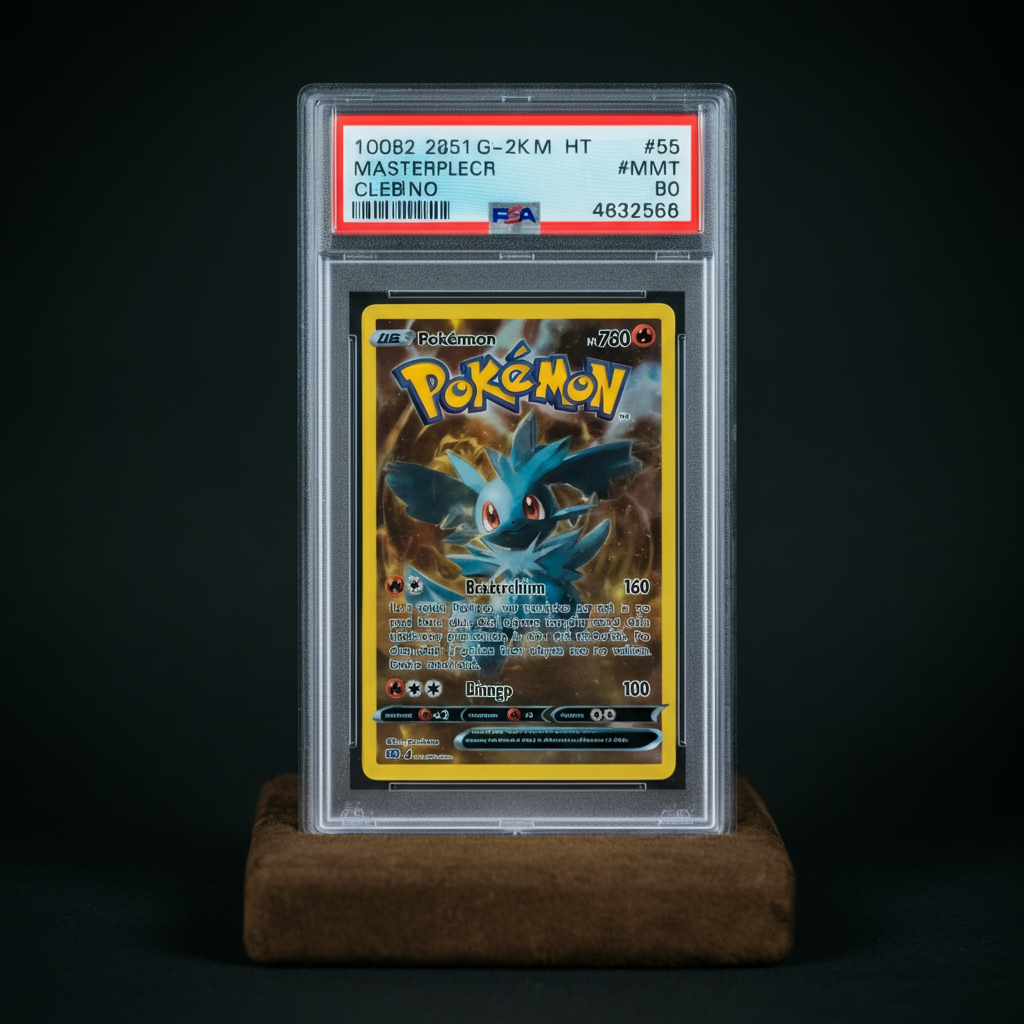 A close-up shot of a professionally graded Pokemon card in its plastic slab. Focus on the grade label and the card's pristine condition within the case. Soft, even lighting.
