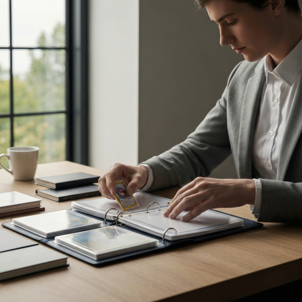 A person carefully placing a sleeved Pokemon card into a binder. The binder is open on a table with other cards neatly organized.