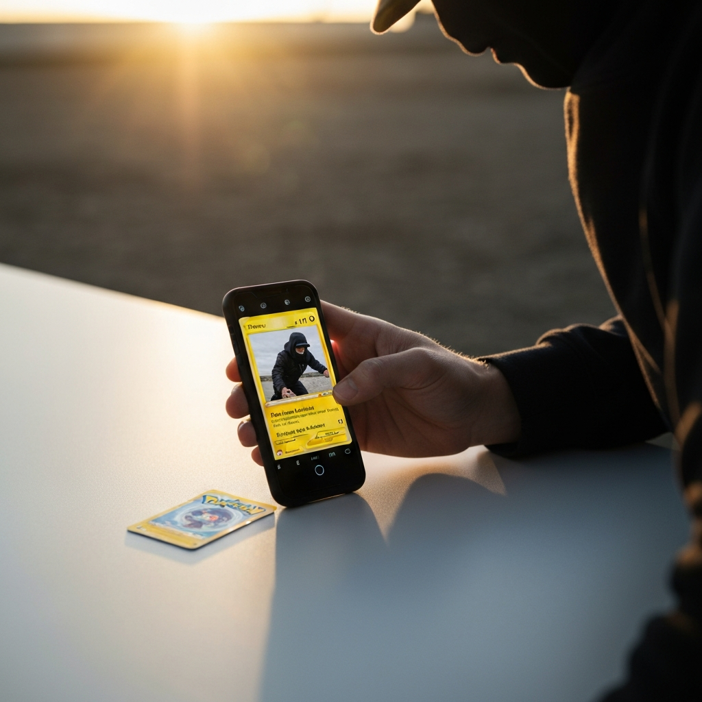 A person taking a photo of a Pokemon card with a smartphone. The card is placed on a clean, neutral surface under good lighting.