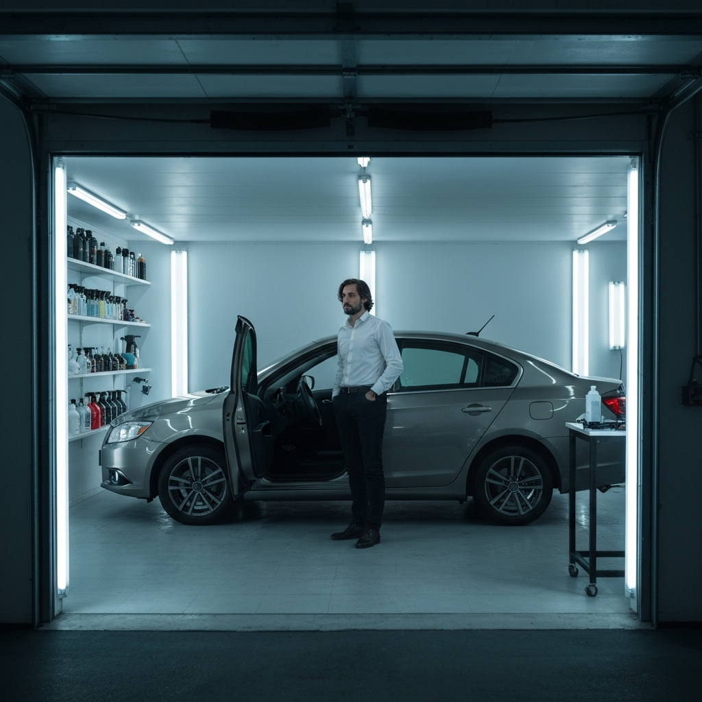 A well-organized garage interior. A late-model sedan is parked inside with its driver-side door open. Fluorescent lighting illuminates the interior. The scene is meticulously clean. Car detailing products are neatly stored on shelves. A clean workstation is set up next to the car.