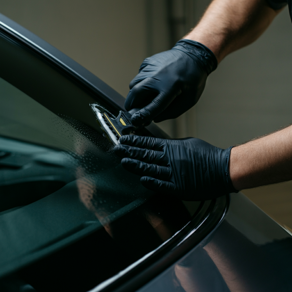 Close-up of a person's hands wearing nitrile gloves, carefully scraping a car window with a razor blade. The window is wet with soapy water. Soft side lighting highlights the texture of the glass.