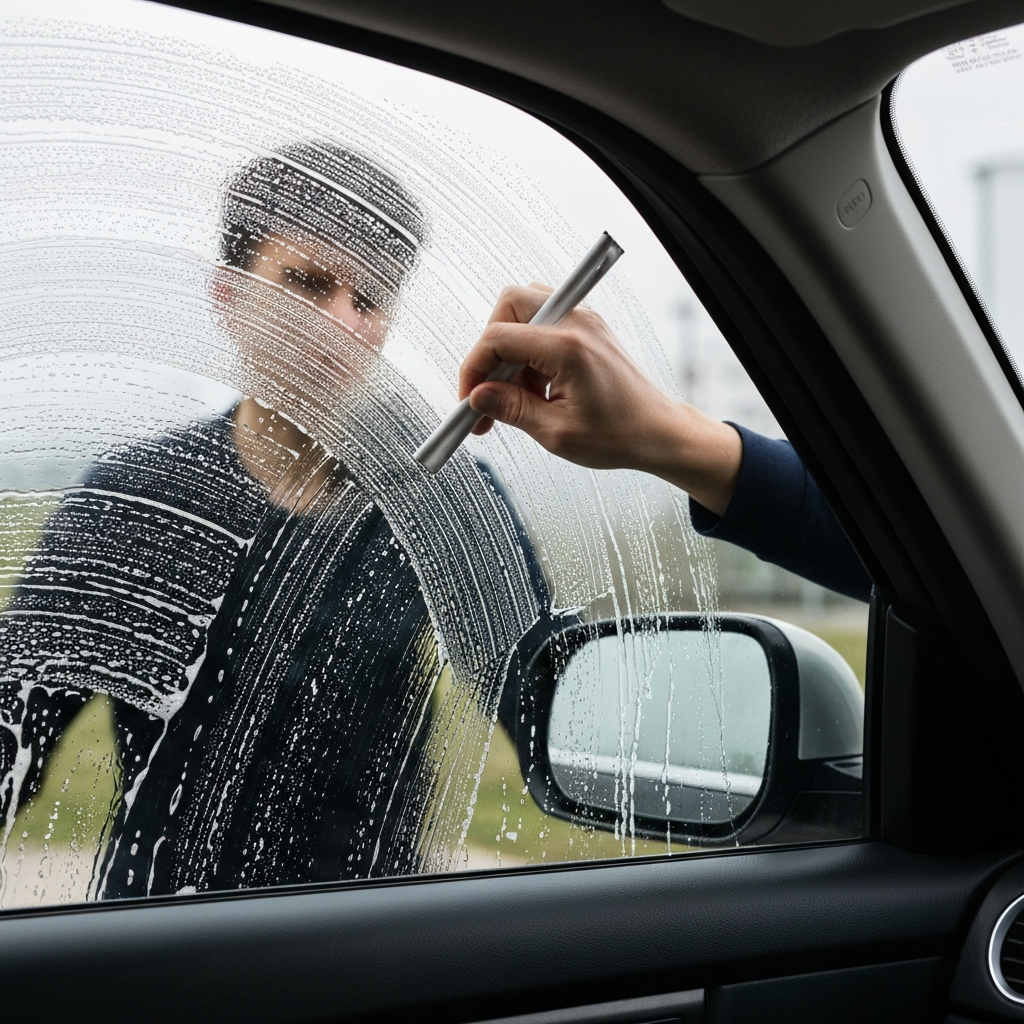 Interior shot of a car. A person is using a squeegee to clean the inside of a car window. The window is covered in soapy water, which reflects the interior light. Soft bokeh is present in the background.