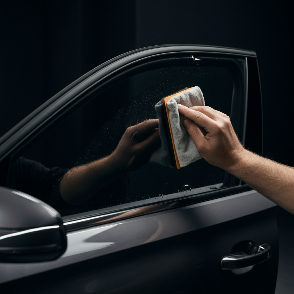 A person using a hard card to smooth out the window tint on the inside of a car window. The hard card is wrapped in a lint-free cloth. Side-lit textures enhance the details.