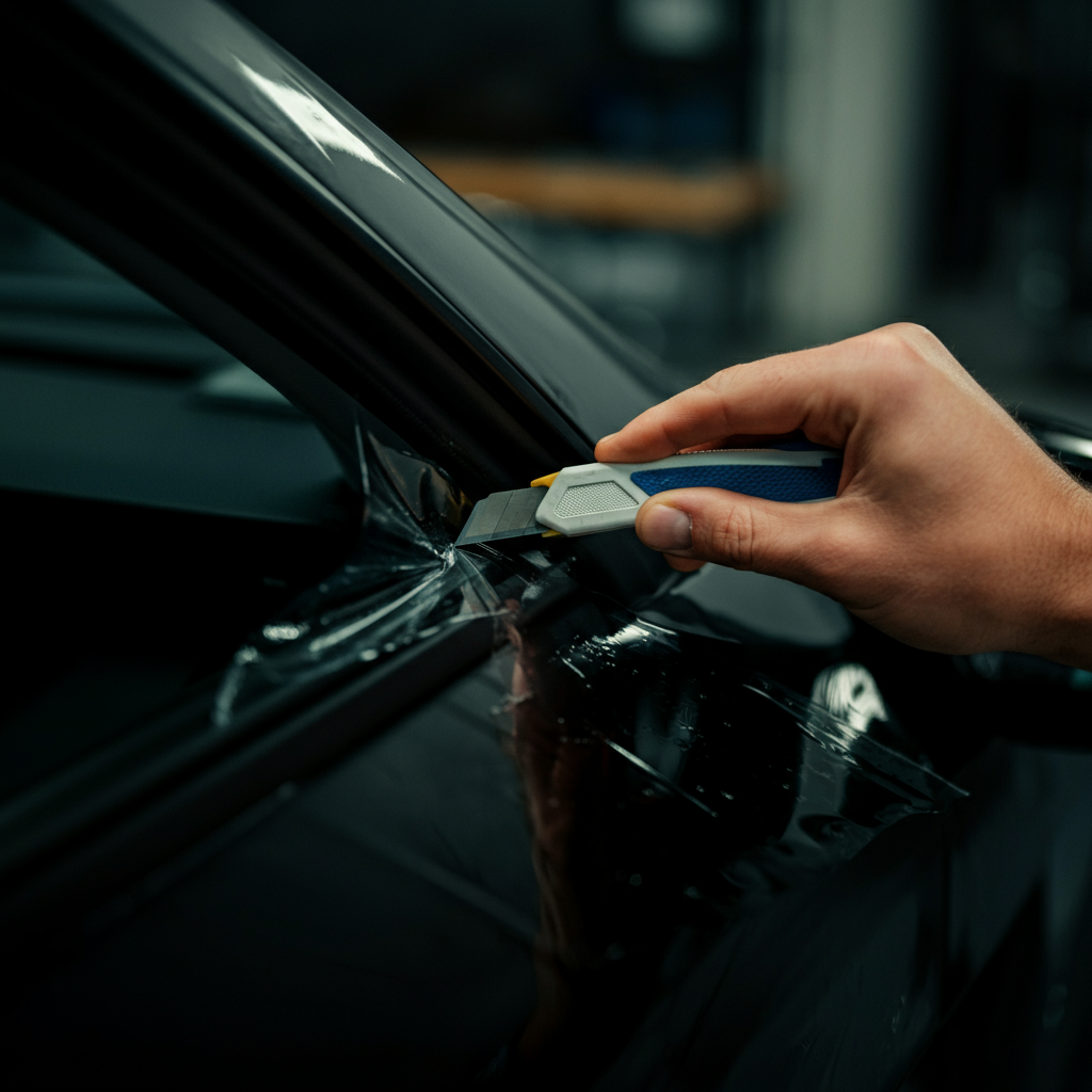 Close-up of a person using a precision knife to trim the edge of the window tint film. The knife is held at a precise angle. The background is a blurred view of the car interior.