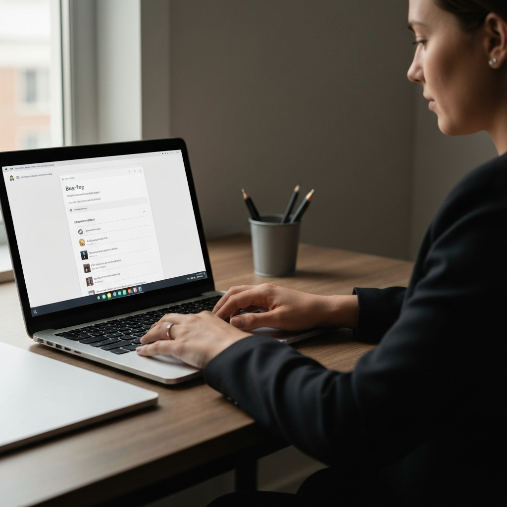 A person sitting at a desk, working on a laptop. The lighting is soft and natural, coming from a window on the left. The laptop screen displays the Bing search engine interface with the chat window open. The person is focused and engaged with the screen, hands gently resting on the keyboard.