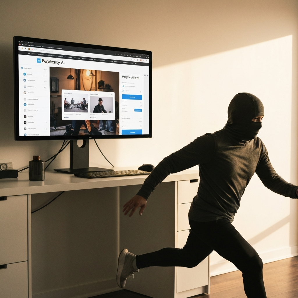 A clean and modern office space with a large monitor displaying the Perplexity AI website. The room is brightly lit with minimalist decor. No people are present, emphasizing the focus on the software interface.