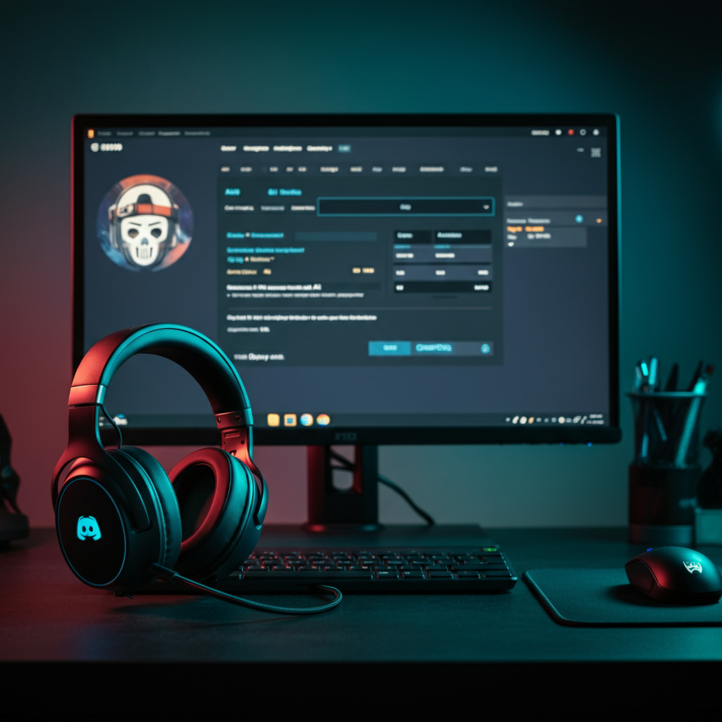 A well-organized desk with a gaming headset resting on it. The computer monitor in the background shows the Discord application interface, specifically a server dedicated to AI and chatbots. The lighting is cool and professional.
