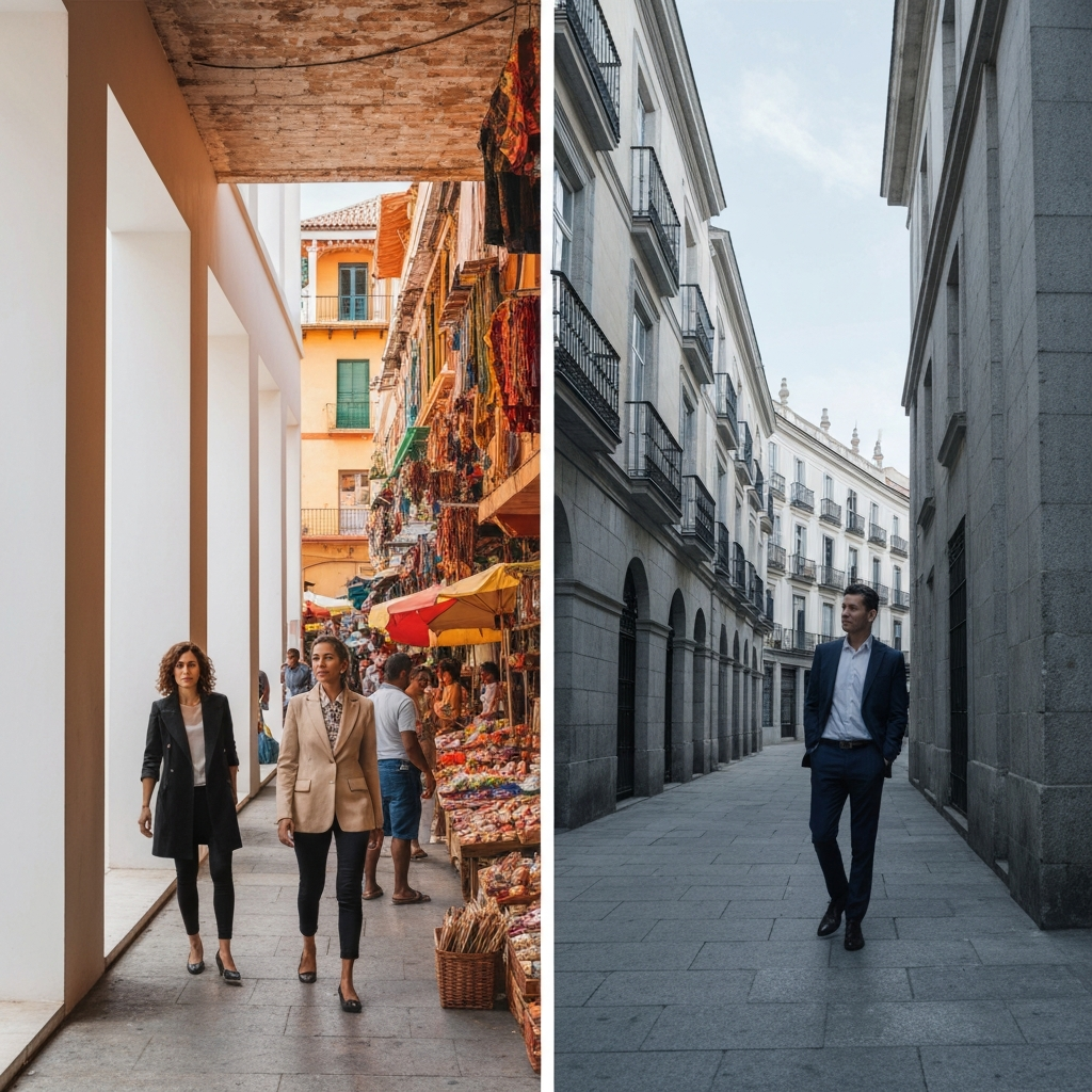 A split-screen showing two contrasting scenes: on one side, a lively street market in the Dominican Republic with warm, vibrant colors; on the other, a more austere, historical scene in Madrid, Spain, shot with cooler tones and architectural details.